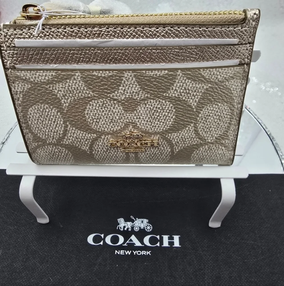 Coach Mini Skinny ID Card Case Golden  Pearlized Metallic Crossgrain Leather - Picture 8 of 8